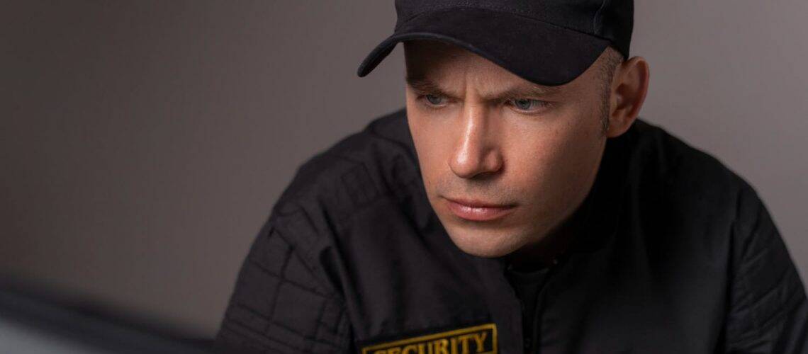 A person in a black security uniform and cap looks intently at a screen.