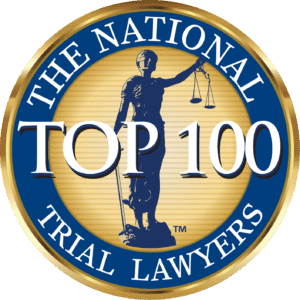 Gold and blue seal reading "The National Trial Lawyers: Top 100," featuring Lady Justice holding scales.