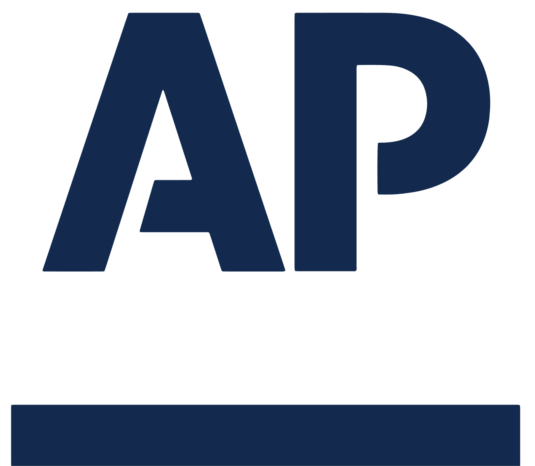 Dark blue "AP" letters above a horizontal line on a light background.