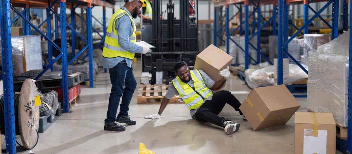 Warehouse worker sitting on floor after falling, surrounded by boxes; colleague in a safety vest stands nearby holding a clipboard.