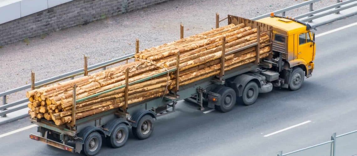 A truck carrying a large load of logs is driving on a highway.