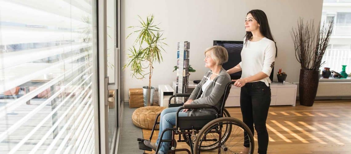 A woman stands behind another woman in a wheelchair, looking out a window in a living room with plants and modern decor.