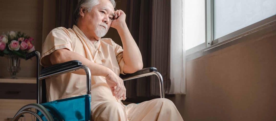 An elderly person in a wheelchair looks thoughtfully out of a window. Flowers are on a table in the background.