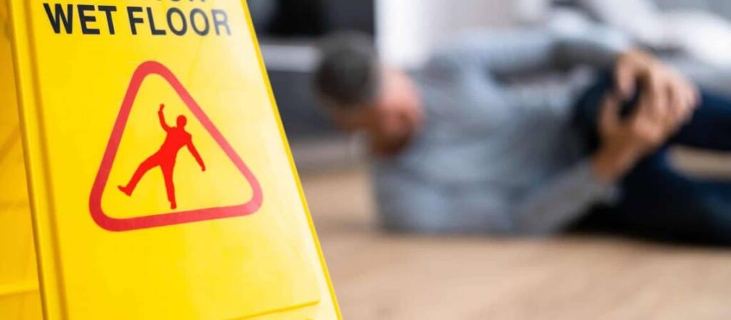 A yellow "Wet Floor" sign in focus, with a blurred background of a person on the floor holding their knee.